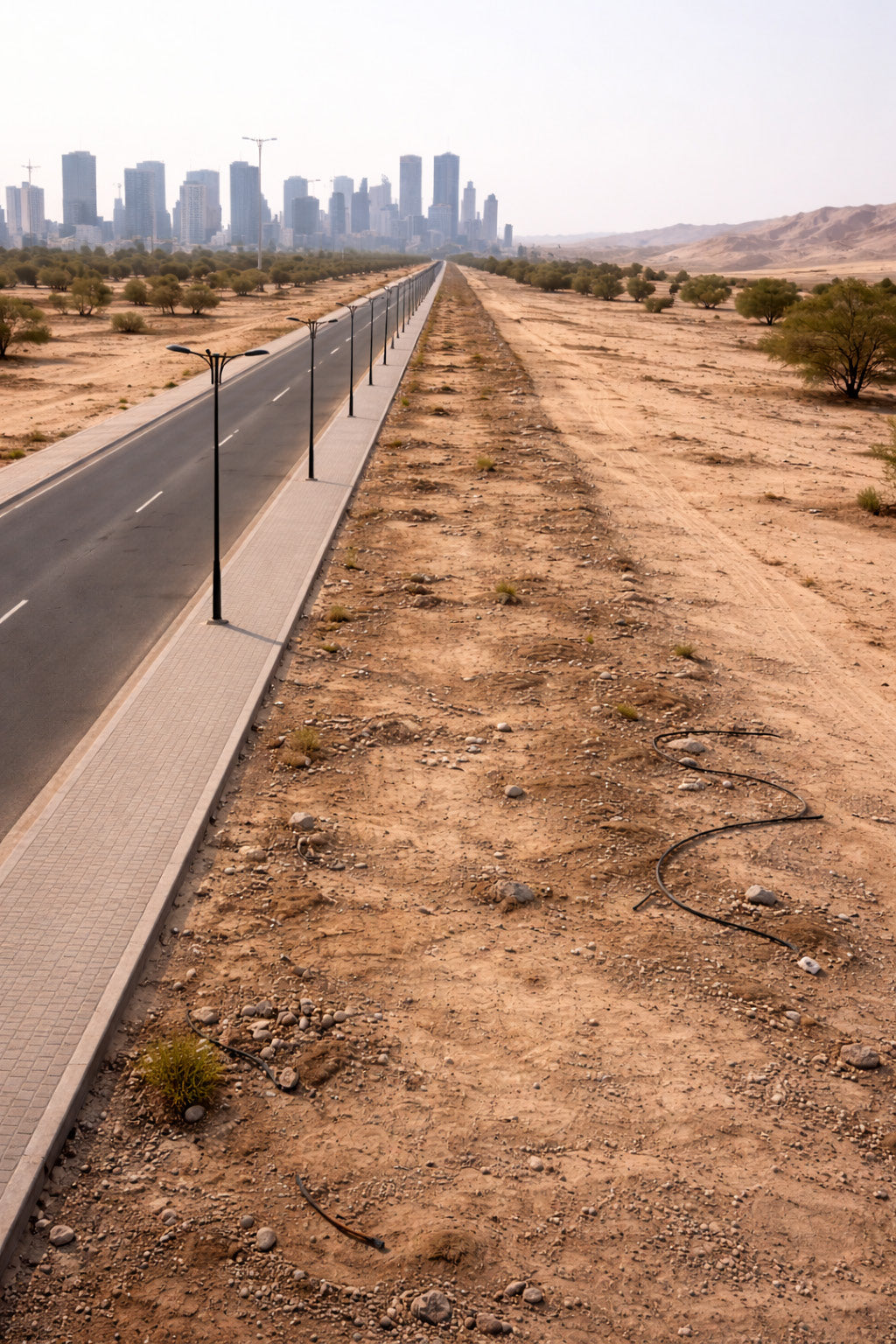 An empty desert road before Ghaf planting — baseline documentation of a zone prior to the operating model beginning