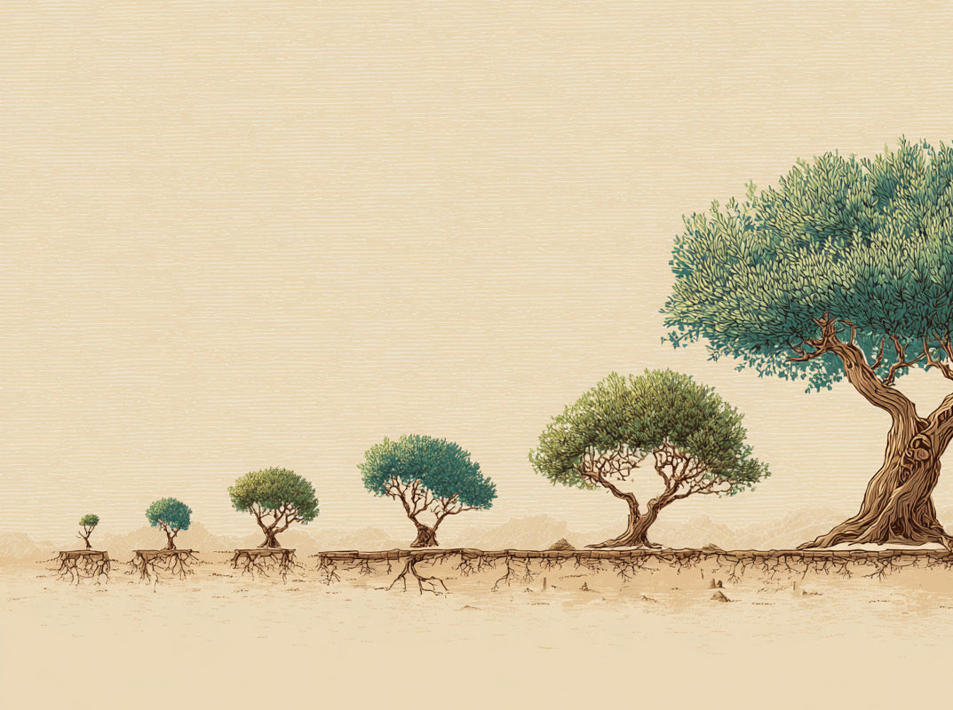 Illustration of a Ghaf tree's growth stages — from sapling to mature canopy with a visible deep root system — a sustainability timeline