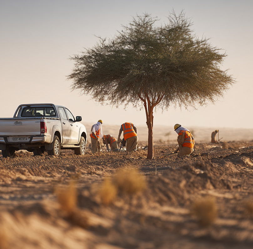 Local workers planting young Ghaf trees in a prepared UAE field — the ongoing operational workforce behind every adopted tree