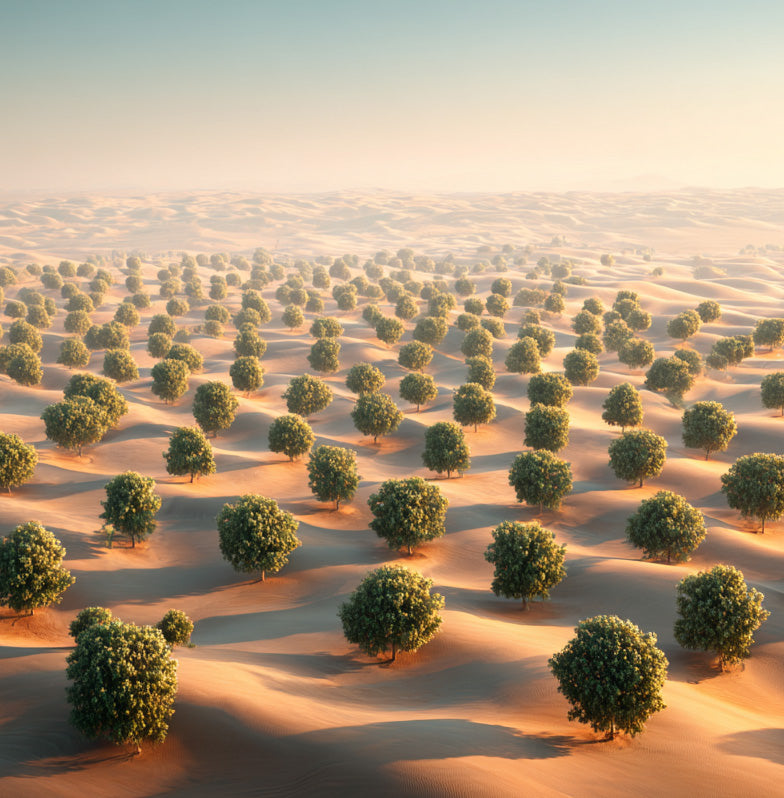Aerial view of a Ghaf grove spreading across UAE dunes — each canopy a numbered zone inside the global auction