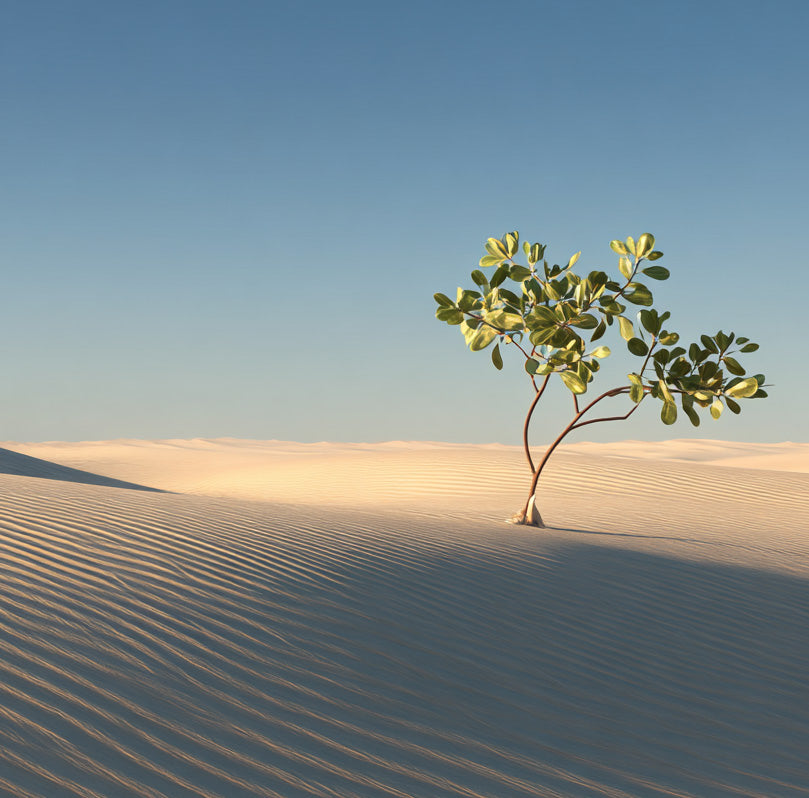 A single young Ghaf sapling standing on pale white desert dunes