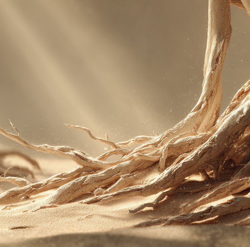 Close-up of Ghaf root system anchoring into dry desert soil