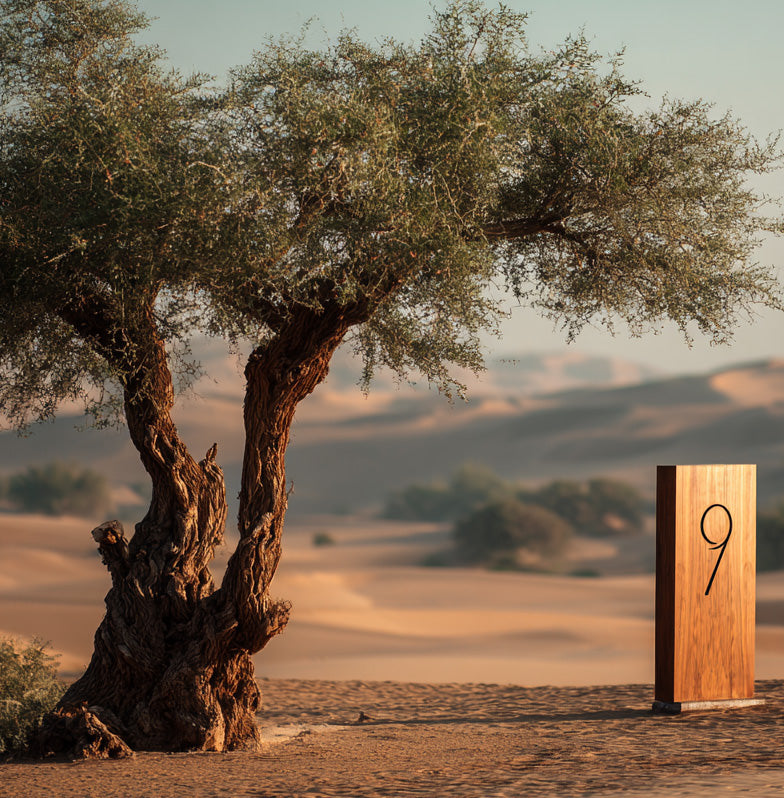 A mature Ghaf tree beside a wooden numbered monument bearing the number nine — marking the adopted tree's identity on its zone